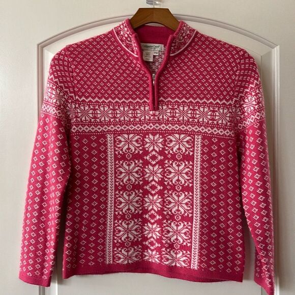 Vintage Sweaters - Vintage Holiday sweater Coldwater Creek Sz‎ Medium Petite Pink snowflakes Nordic